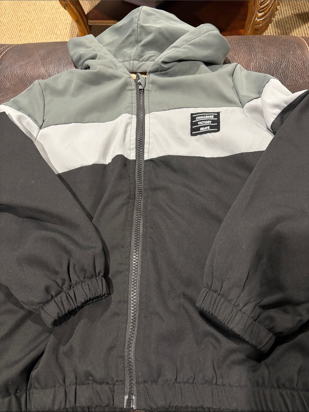 Colorblock Hooded Zip Jacket in Olive, Light Gray & Black